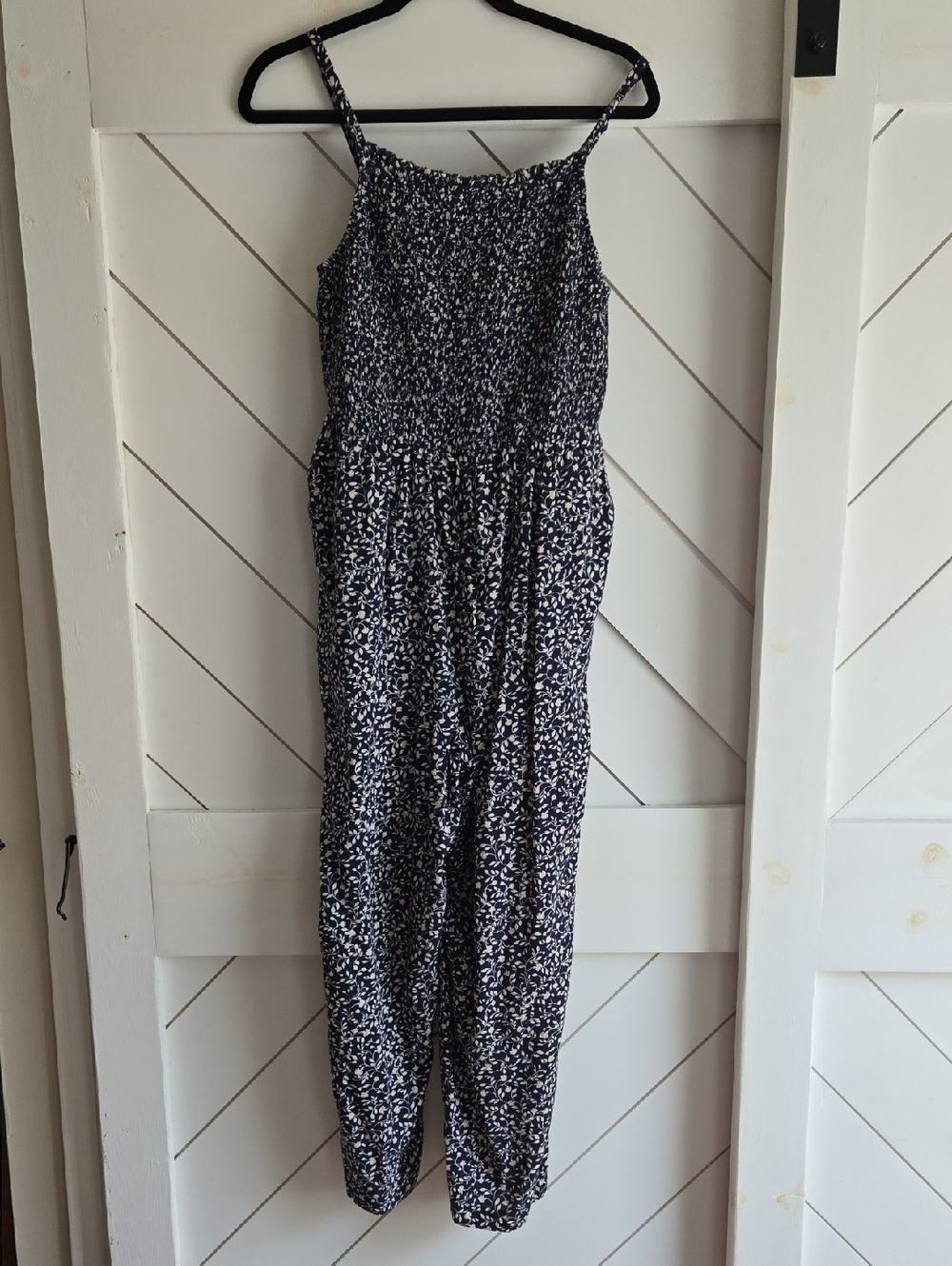 Old Navy Navy and White Floral Smocked Jumpsuit